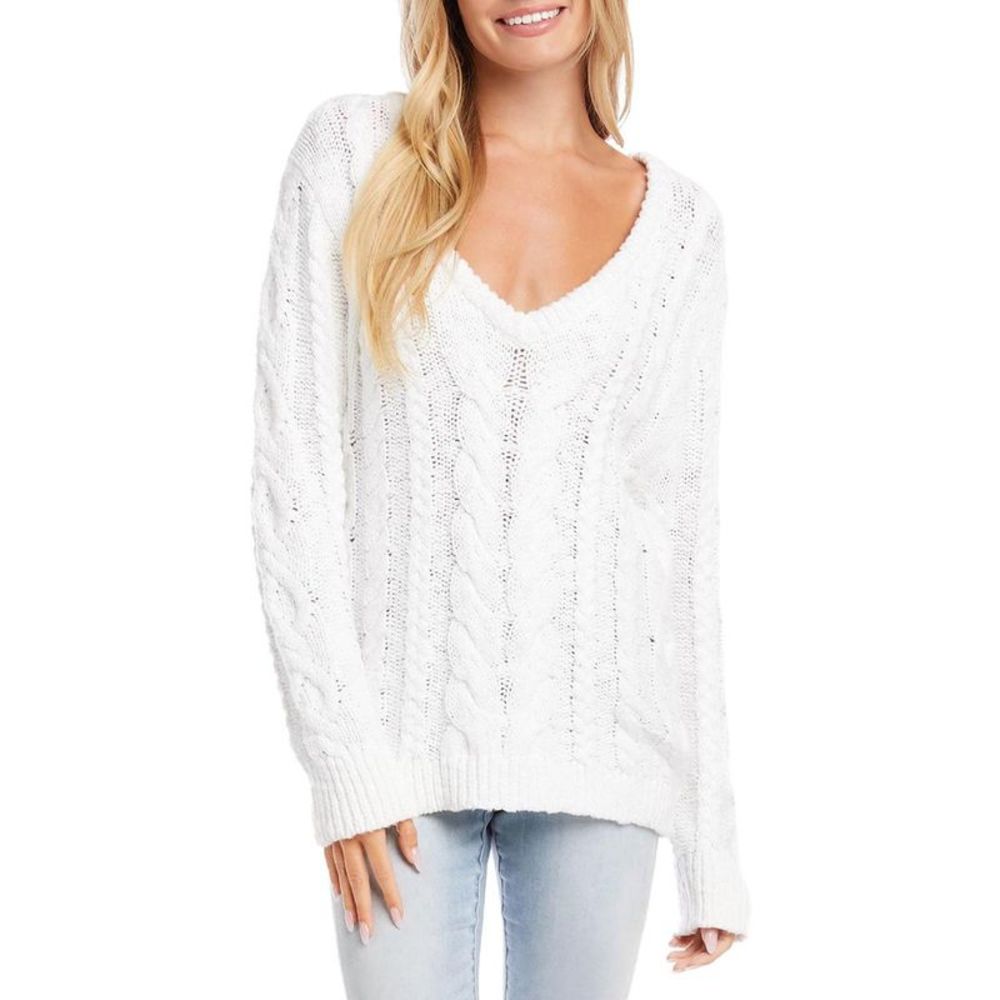 Karen Kane Womens White Cable Knt V-Neck Top Pullover Sweater Shirt NWT